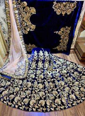 Pure Micro Velvet Party Wear Lehenga In Blue Color With Embroidery Work & Crystal Stone work 1