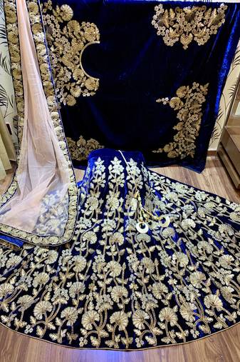 Pure Micro Velvet Party Wear Lehenga In Blue Color With Embroidery Work & Crystal Stone work