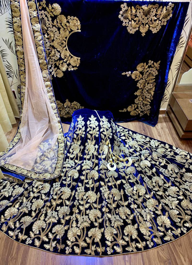 Pure Micro Velvet Party Wear Lehenga In Blue Color With Embroidery Work & Crystal Stone work