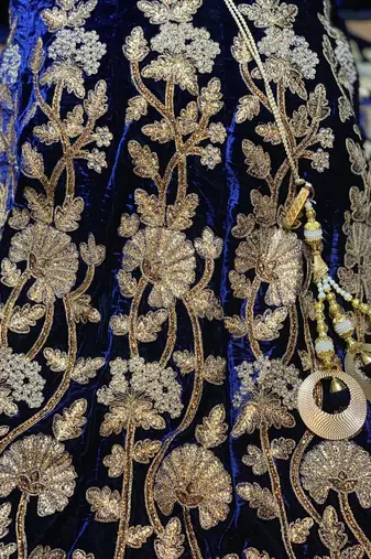 Pure Micro Velvet Party Wear Lehenga In Blue Color With Embroidery Work & Crystal Stone work
