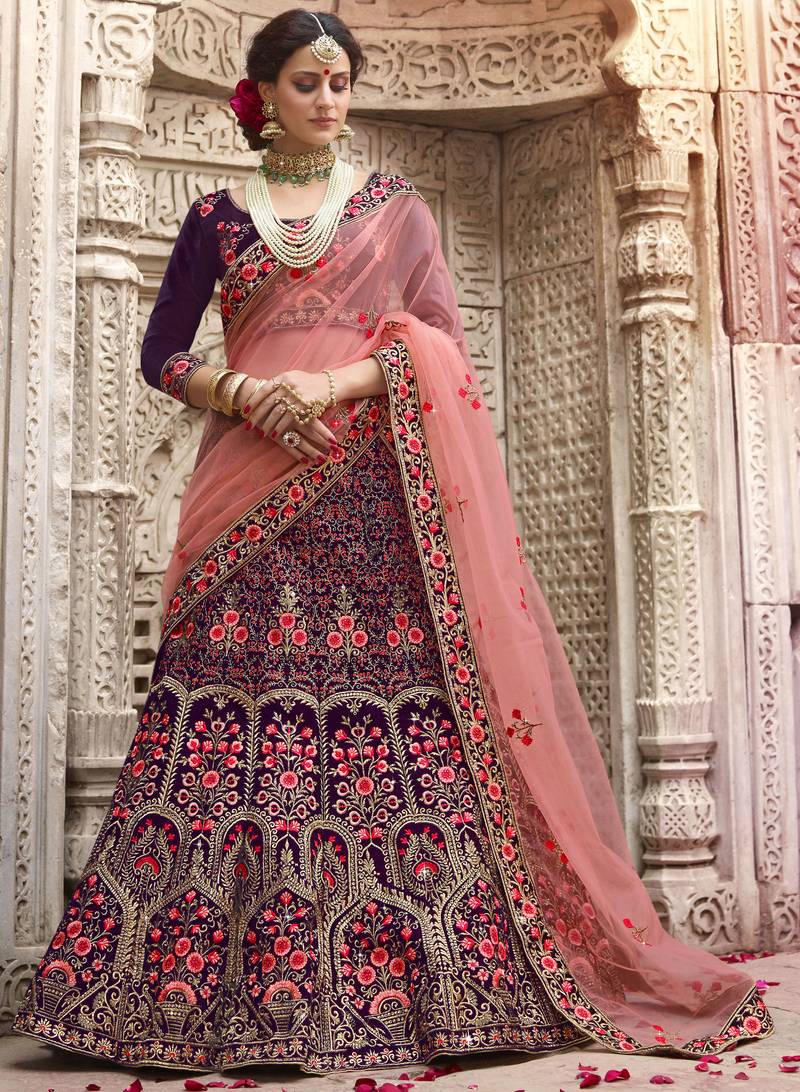 Pure Silk Party Wear Lehenga In Purple  Color Color With Embroidery Work