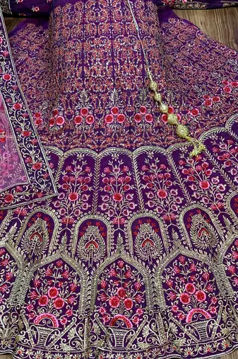 Pure Silk Party Wear Lehenga In Purple  Color Color With Embroidery Work