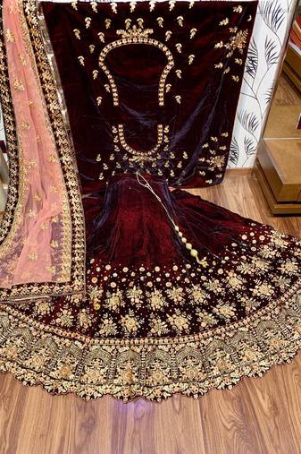 Pure Micro Velvet Wedding Wear Lehenga In Maroon Color With Embroidery Work & Crystal Stone work