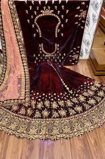 Pure Micro Velvet Wedding Wear Lehenga In Maroon Color With Embroidery Work & Crystal Stone work