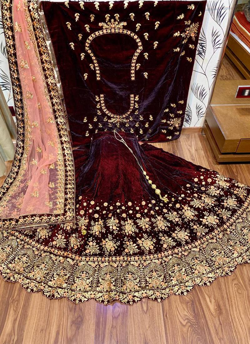 Pure Micro Velvet Wedding Wear Lehenga In Maroon Color With Embroidery Work & Crystal Stone work