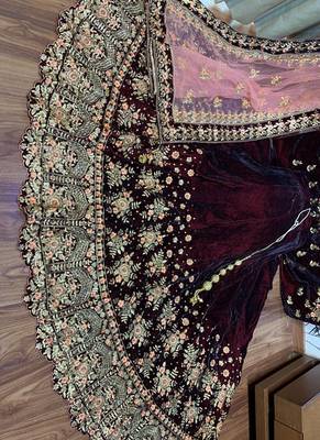Pure Micro Velvet Wedding Wear Lehenga In Maroon Color With Embroidery Work & Crystal Stone work 2