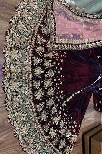 Pure Micro Velvet Wedding Wear Lehenga In Maroon Color With Embroidery Work & Crystal Stone work