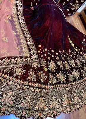 Pure Micro Velvet Wedding Wear Lehenga In Maroon Color With Embroidery Work & Crystal Stone work 4