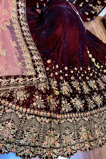 Pure Micro Velvet Wedding Wear Lehenga In Maroon Color With Embroidery Work & Crystal Stone work