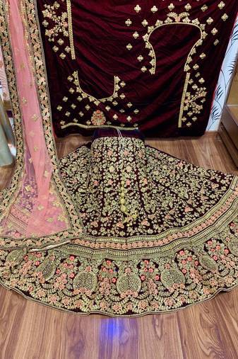 Pure Micro Velvet Wedding Wear Lehenga In Maroon Color With Embroidery Work & Crystal Stone work