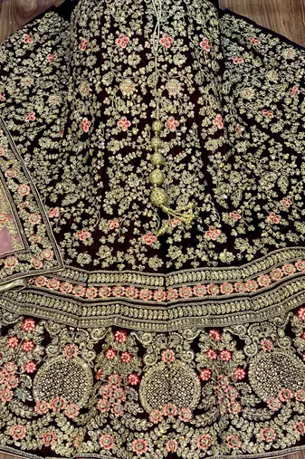 Pure Micro Velvet Wedding Wear Lehenga In Maroon Color With Embroidery Work & Crystal Stone work