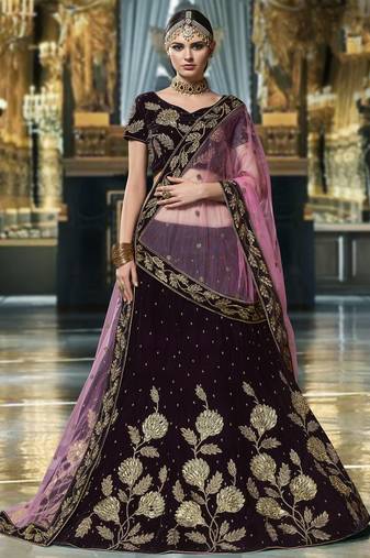 Pure Micro Velvet Wedding Wear Lehenga In Purple Color With Embroidery Work & Crystal Stone work