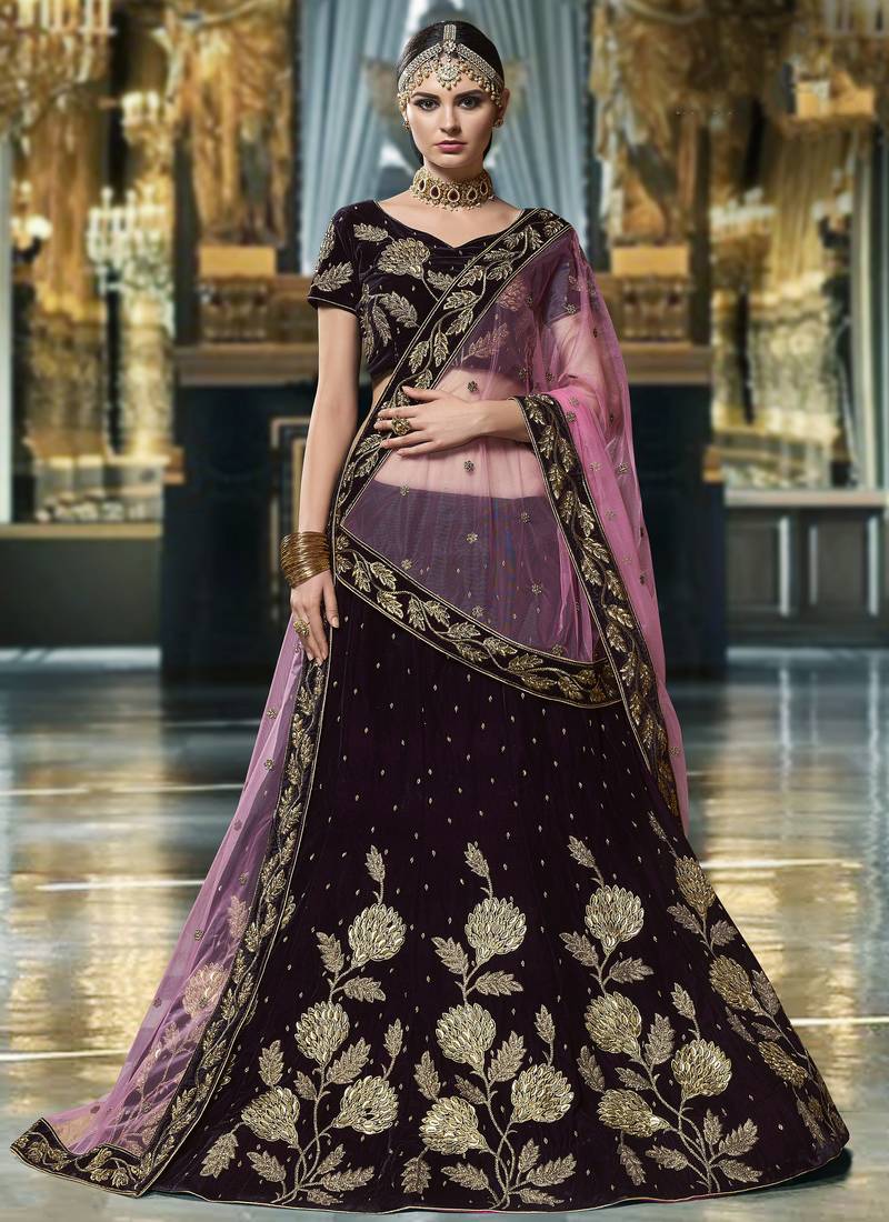 Pure Micro Velvet Wedding Wear Lehenga In Purple Color With Embroidery Work & Crystal Stone work