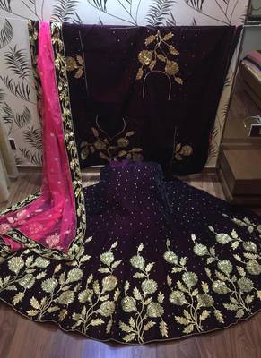Pure Micro Velvet Wedding Wear Lehenga In Purple Color With Embroidery Work & Crystal Stone work 2