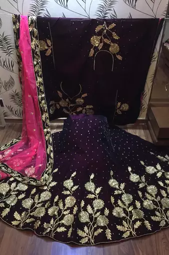 Pure Micro Velvet Wedding Wear Lehenga In Purple Color With Embroidery Work & Crystal Stone work