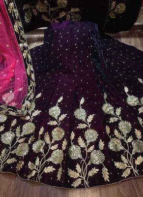 Pure Micro Velvet Wedding Wear Lehenga In Purple Color With Embroidery Work & Crystal Stone work 3