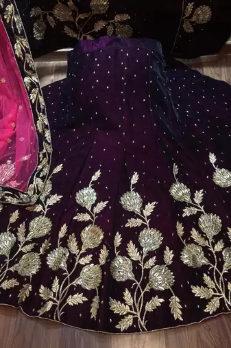 Pure Micro Velvet Wedding Wear Lehenga In Purple Color With Embroidery Work & Crystal Stone work