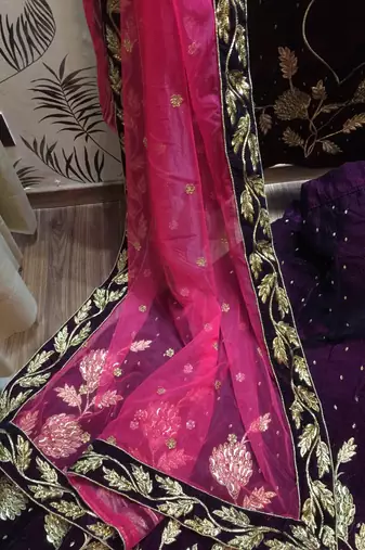 Pure Micro Velvet Wedding Wear Lehenga In Purple Color With Embroidery Work & Crystal Stone work