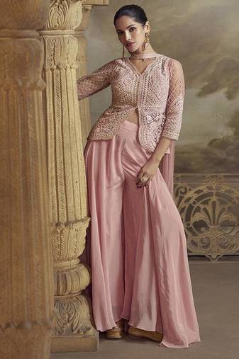 Light pink net embroidered work palazzo suit semi stitched up to 42" size