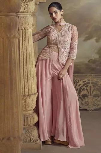 Light pink net embroidered work palazzo suit semi stitched up to 42" size