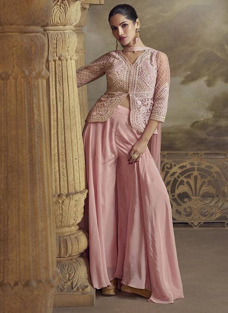Light pink net embroidered work palazzo suit semi stitched up to 42" size