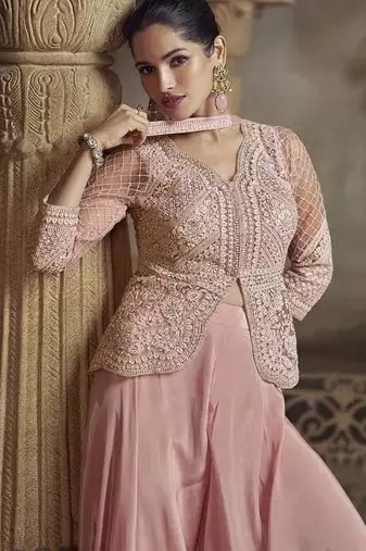 Light pink net embroidered work palazzo suit semi stitched up to 42" size