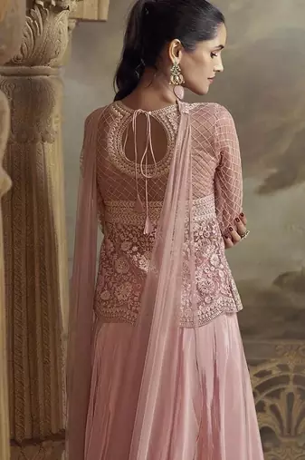 Light pink net embroidered work palazzo suit semi stitched up to 42" size