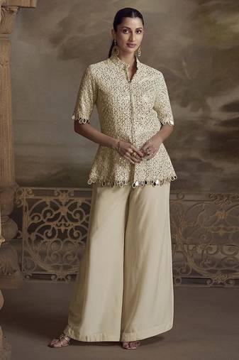 Cream georgette embroidered work palazzo suit semi stitched up to 42" size