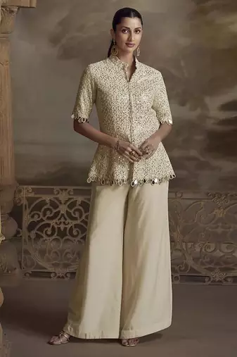 Cream georgette embroidered work palazzo suit semi stitched up to 42" size