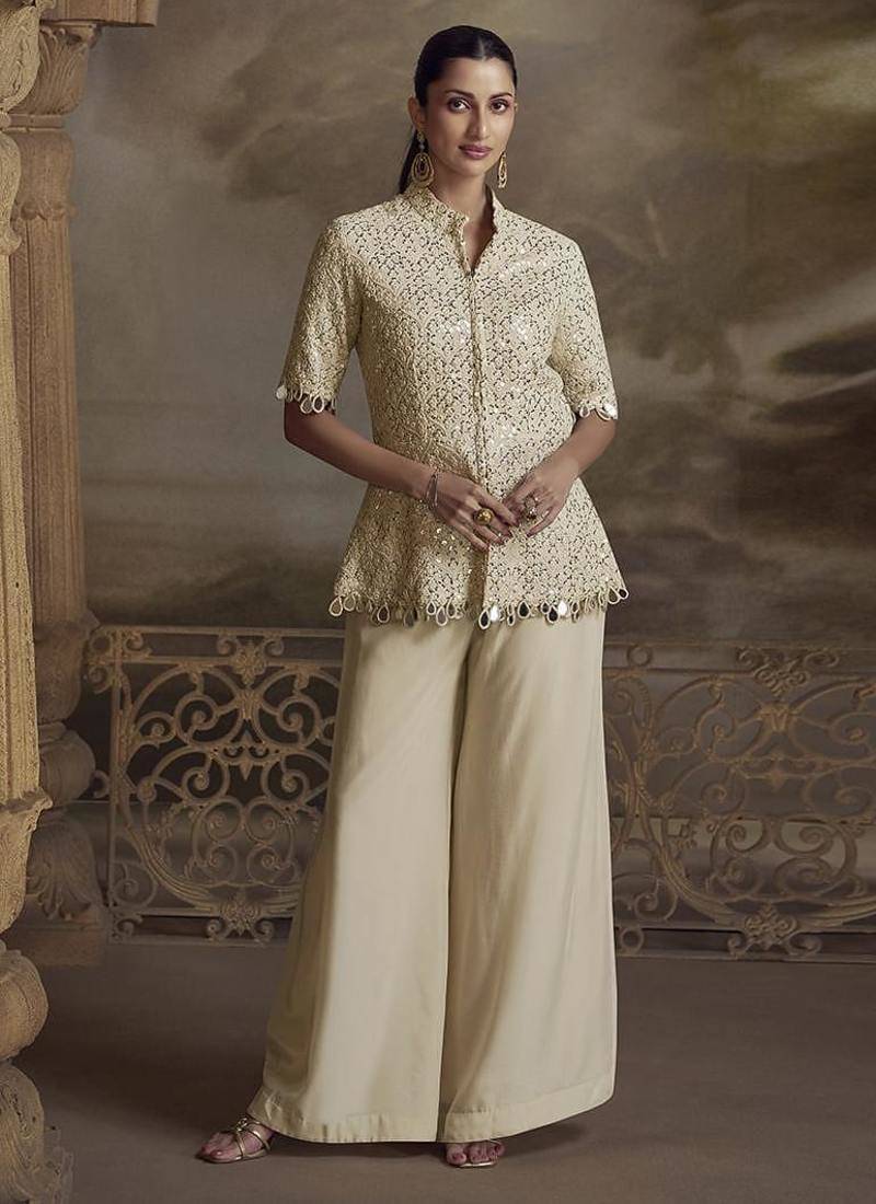 Cream georgette embroidered work palazzo suit semi stitched up to 42" size