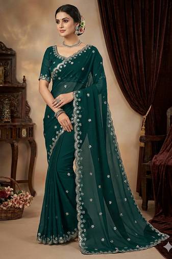Teal green heavy embroidered real moti with sequin embroidered zimmy choo silk saree with blouse