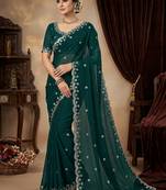 Teal green heavy embroidered real moti with sequin embroidered zimmy choo silk saree with blouse