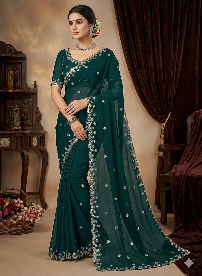 Teal green heavy embroidered real moti with sequin embroidered zimmy choo silk saree with blouse