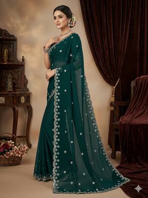 Teal green heavy embroidered real moti with sequin embroidered zimmy choo silk saree with blouse 2