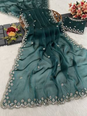 Teal green heavy embroidered real moti with sequin embroidered zimmy choo silk saree with blouse 3