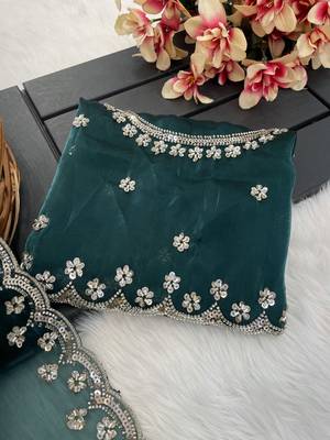 Teal green heavy embroidered real moti with sequin embroidered zimmy choo silk saree with blouse 4