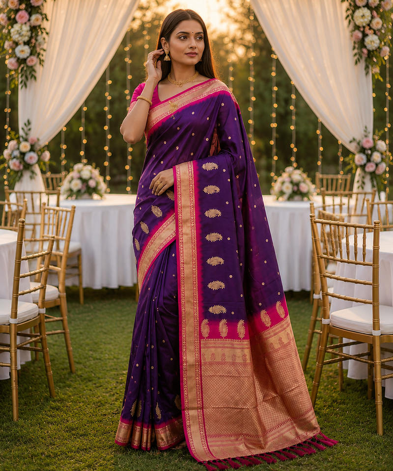 Dark Plum Color zari weawing Work Silk Saree