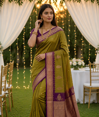 Olive Color zari weawing Work Silk Saree