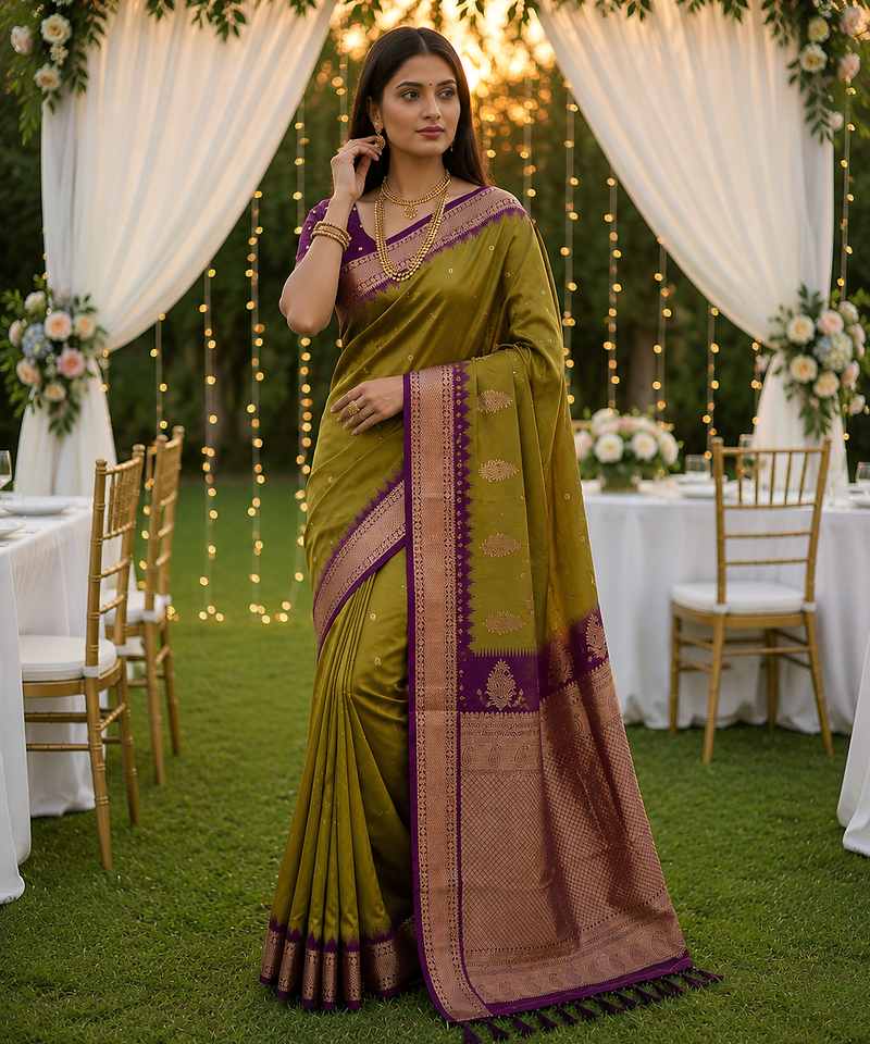 Olive Color zari weawing Work Silk Saree