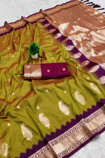 Olive Color zari weawing Work Silk Saree