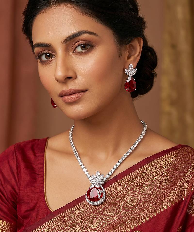 Western party wear silver plated chain pendant set
