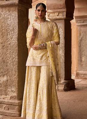Lemon yellow embroidered silk chanderi sharara set 1