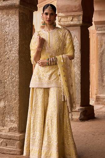 Lemon yellow embroidered silk chanderi sharara set