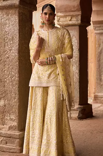 Lemon yellow embroidered silk chanderi sharara set