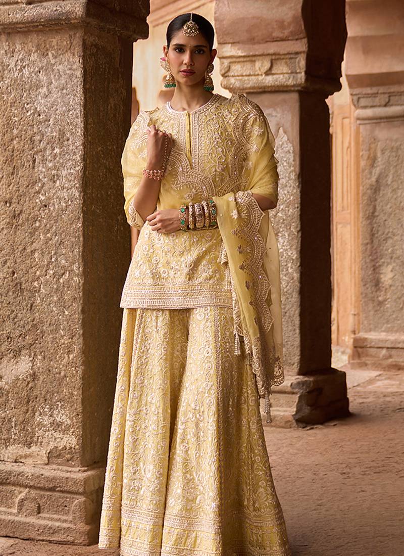 Lemon yellow embroidered silk chanderi sharara set
