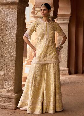 Lemon yellow embroidered silk chanderi sharara set 2