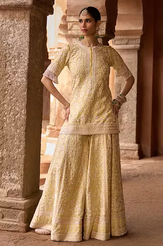 Lemon yellow embroidered silk chanderi sharara set