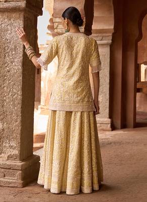 Lemon yellow embroidered silk chanderi sharara set 3