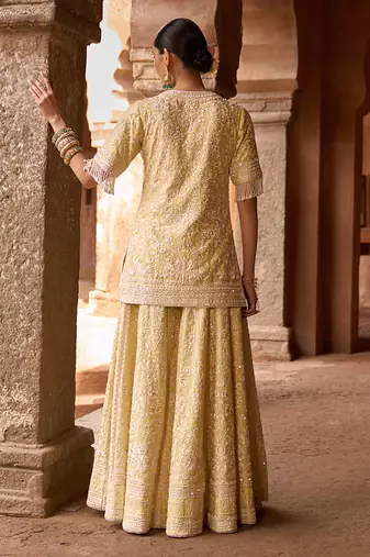 Lemon yellow embroidered silk chanderi sharara set