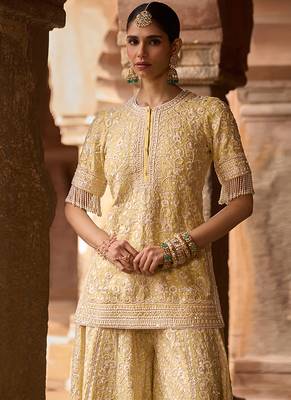 Lemon yellow embroidered silk chanderi sharara set 4